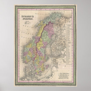 Poster Carte vintage de Scandinavie (1850)
