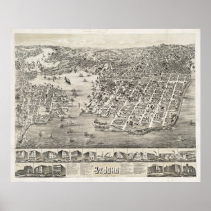 Poster Carte vintage de St. John Nouveau-Brunswick (1882)
