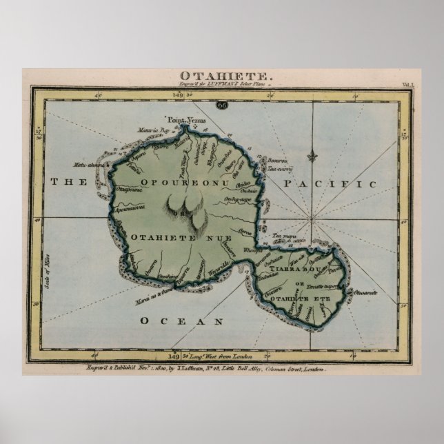 Poster Carte vintage de Tahiti (1800) (Devant)