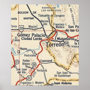 Poster Carte Vintage de Torreon et Matamoros Mexique