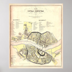 Poster Carte vintage de Veliky Novgorod Russie (1862)