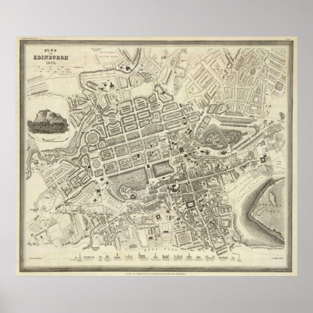 Poster Carte vintage d'Edimbourg en Ecosse (1844) (Devant)