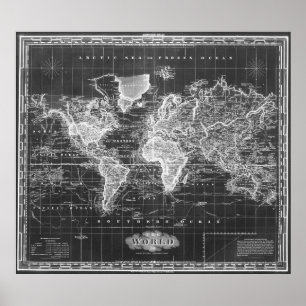 Poster Carte vintage des 1833) noirs et blancs du monde (