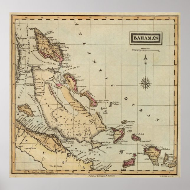 Poster Carte vintage des Bahamas (1823) (Devant)