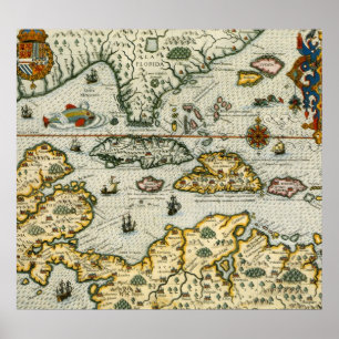 Poster Carte vintage des Caraïbes (1594)