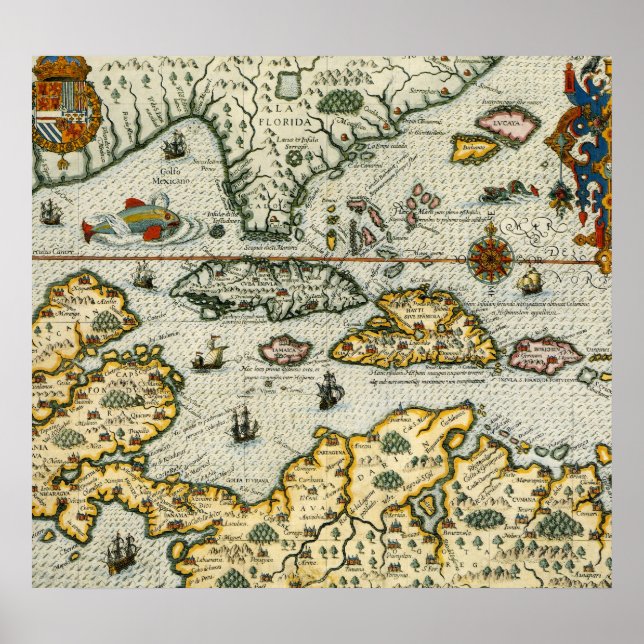 Poster Carte vintage des Caraïbes (1594) (Devant)
