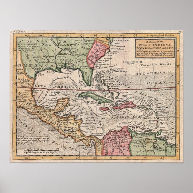 Poster Carte vintage des Caraïbes (1732) (Devant)