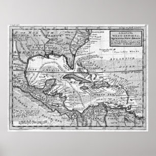 Poster Carte vintage des Caraïbes (1732) BW