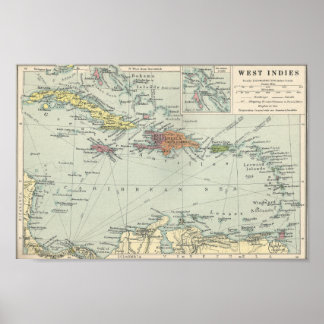 Poster Carte vintage des Caraïbes et des Antilles