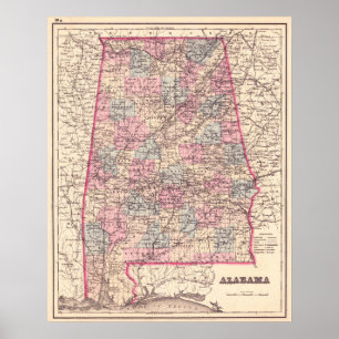 Poster Carte vintage des comtés de l'Alabama (1876)