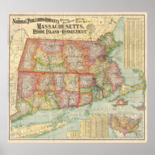 Poster Carte vintage des États de la Nouvelle-Angleterre 