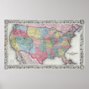 Poster Carte vintage des États-Unis (1853)