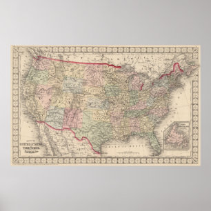 Poster Carte vintage des États-Unis (1874)