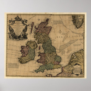 Poster Carte vintage des îles britanniques (1700s)