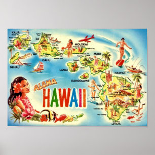 Poster Carte vintage des îles hawaïennes