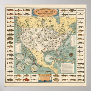 Poster Carte vintage des poissons américains