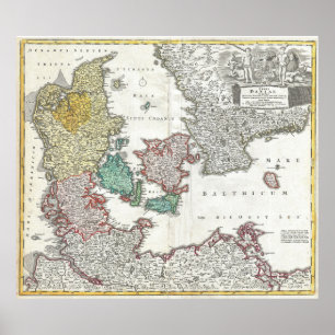 Poster Carte vintage du Danemark (1730)