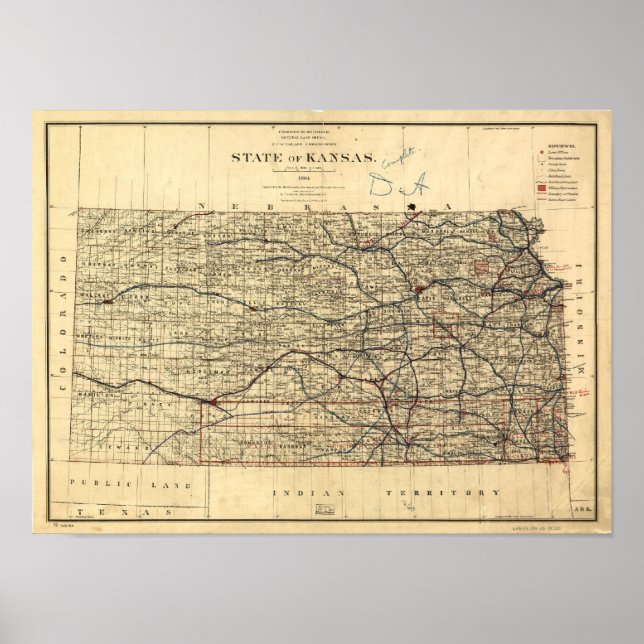 Poster Carte vintage du Kansas (1884) (Devant)