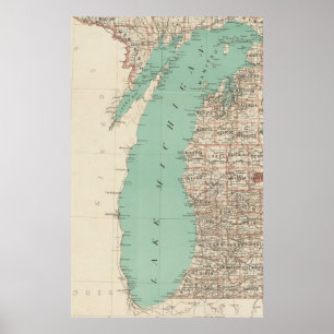 Poster Carte vintage du lac Michigan (1888)