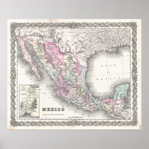 Poster Carte vintage du Mexique (1855)