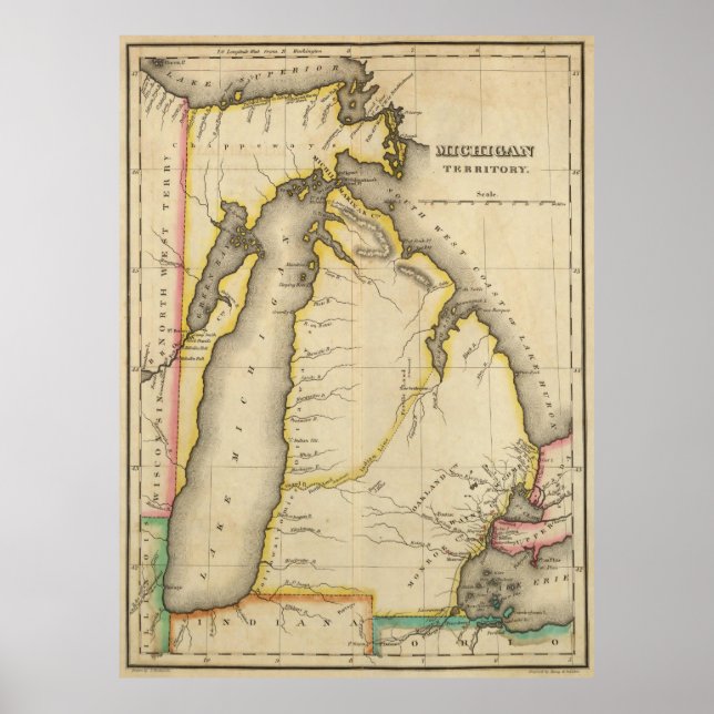 Poster Carte vintage du Michigan (1822) (Devant)