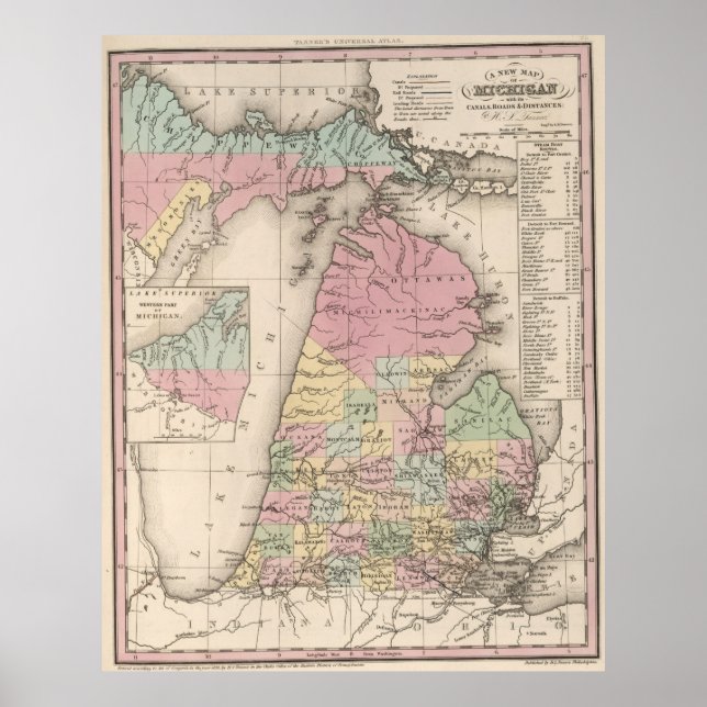 Poster Carte vintage du Michigan (1836) (Devant)