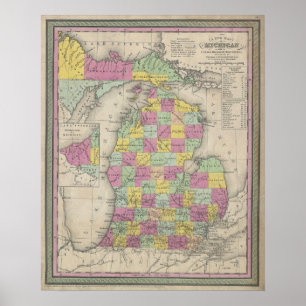 Poster Carte vintage du Michigan (1853)
