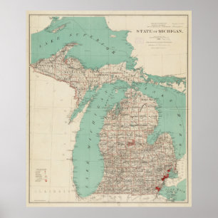 Poster Carte vintage du Michigan (1888)