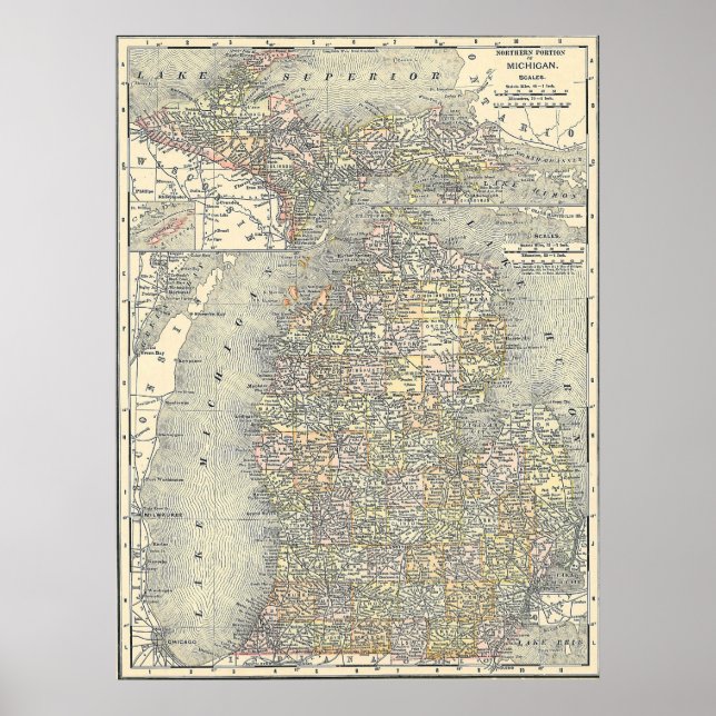 Poster Carte vintage du Michigan (1901) (Devant)