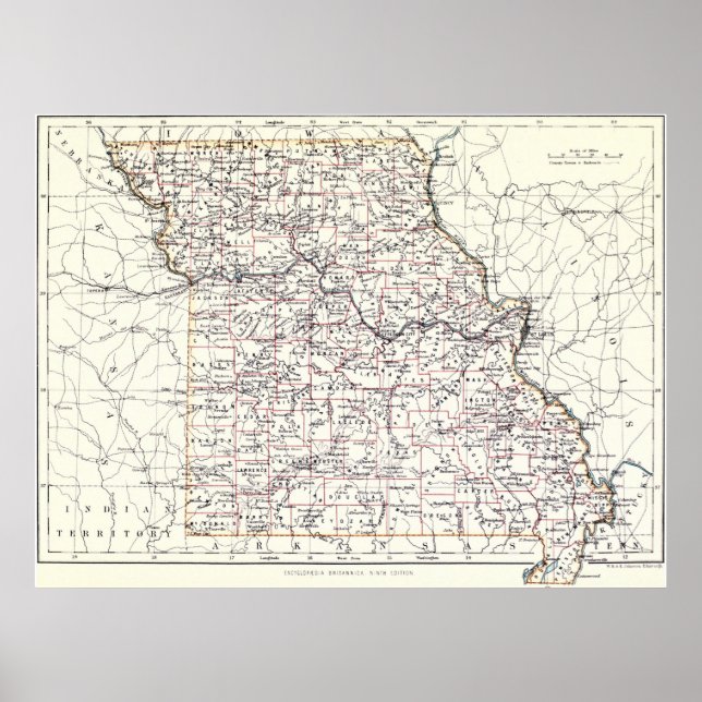 Poster Carte vintage du Missouri (1883) (Devant)