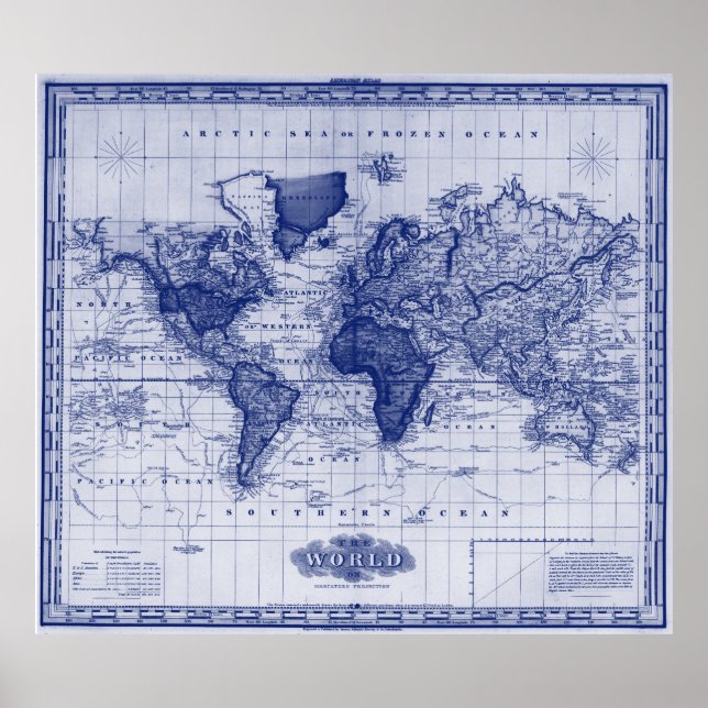 Poster Carte vintage du monde (1833) Blanc & Bleu (Devant)