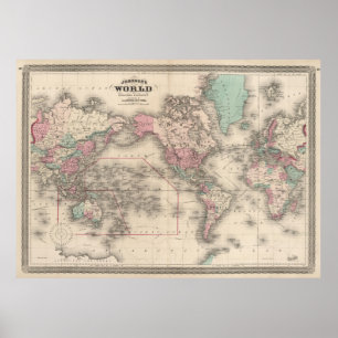 Poster Carte vintage du monde (1870)