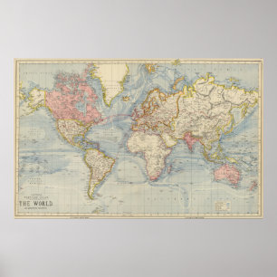 Poster Carte vintage du monde (1883)