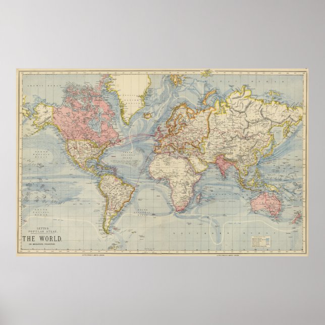 Poster Carte vintage du monde (1883) (Devant)