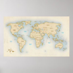 Poster Carte vintage du monde avec des pays