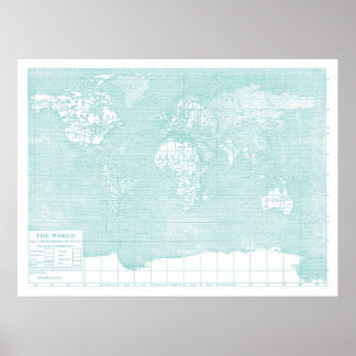 Poster Carte Vintage du monde turquoise