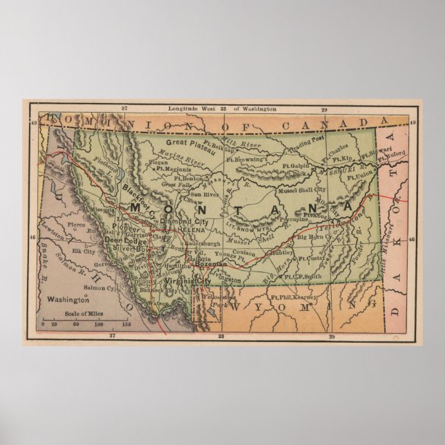 Poster Carte vintage du Montana (1885) (Devant)