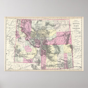 Poster Carte vintage du Montana, Wyoming et Idaho (1884)