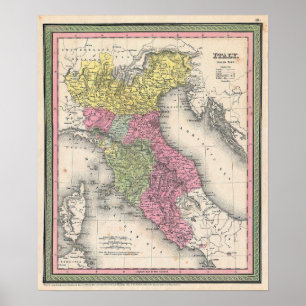 Poster Carte vintage du nord de l'Italie, 1853