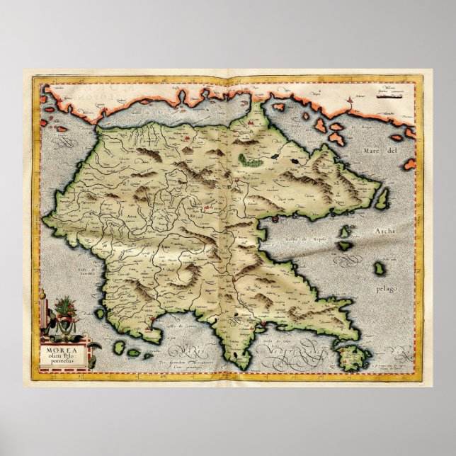 Poster Carte vintage du Péloponnèse (1596) (Devant)