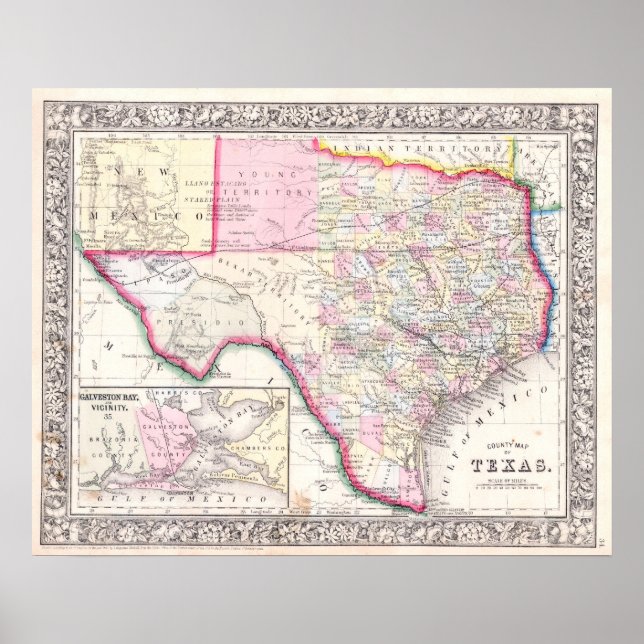 Poster Carte vintage du Texas, 1864 (Devant)