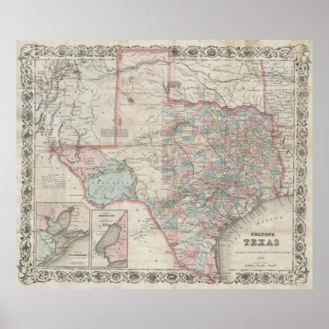 Poster Carte vintage du Texas (1870) (Devant)