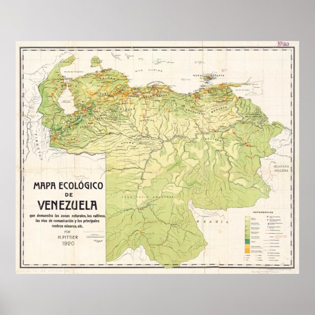 Poster Carte vintage du Venezuela (1920) (Devant)