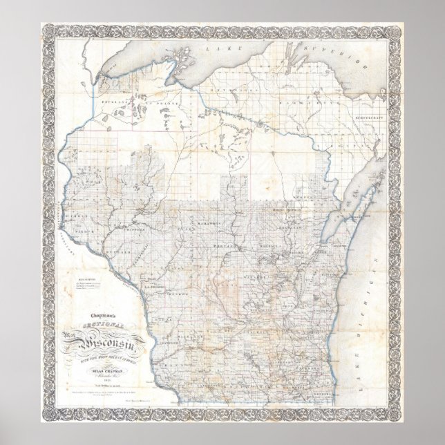 Poster Carte vintage du Wisconsin (1856) (Devant)