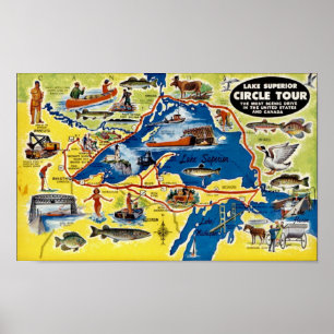 Poster Carte vintage illustrée du lac Supérieur