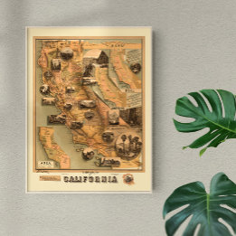 Poster Carte vintage unique restaurée de Californie, 1885