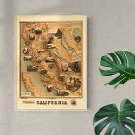 Poster Carte vintage unique restaurée de Californie, 1885