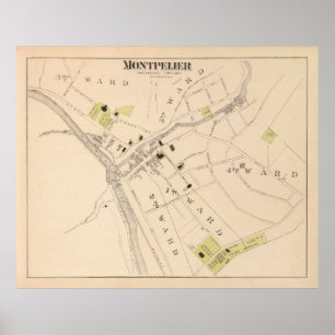 Poster Carte VT Old Montpelier (1876) Capitale du Vermont