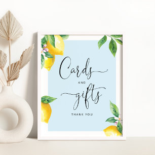 Poster Cartes baby shower citron bleu et signe cadeau