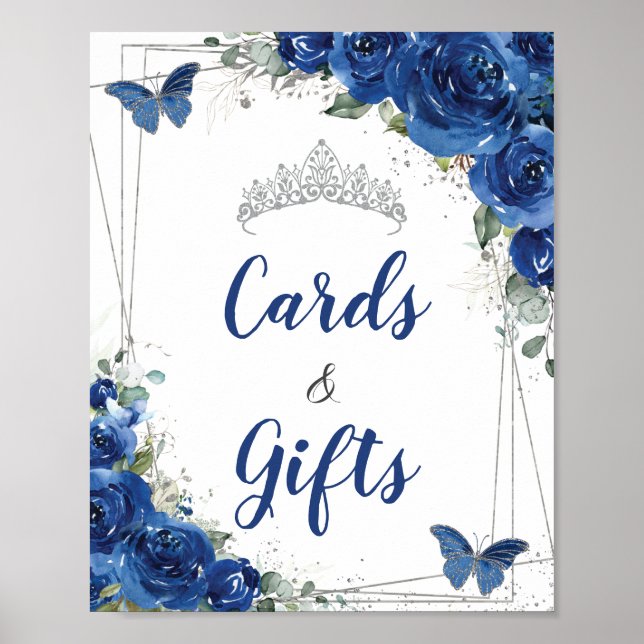 Poster Cartes Cadeau de Quinceañera Fleur Bleu Royal Papi (Devant)